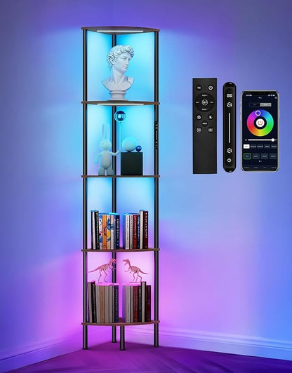 5 Tier Corner Shelf with RGB Lights, Touch & APP & Remote Control, Dimmable Narrow Corner Bookshelf with Music Sync, Display Shelf with Multiple Color Lights for Living Room, Bedroom