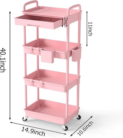 4 Tier Rolling Utility Cart with Drawer, Plastic Storage Organizer Rolling Carts with Wheels Handles Hanging Cups Hooks for Office, Bathroom, Kitchen,Craft Art Room (Pink)