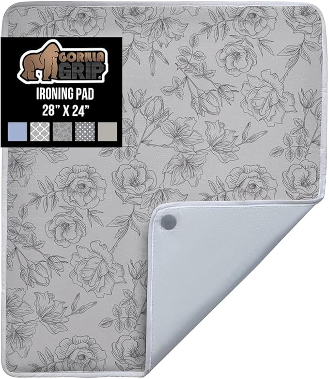 GORILLA GRIP Ironing Mat, Portable Iron Pad, Magnetic Cover for Top of Laundry Washer, Dryer, Tabletop, Countertop Padded Blanket, Silicone Coating and Scorch Resistant, Travel Size 28x24, Gray Floral
