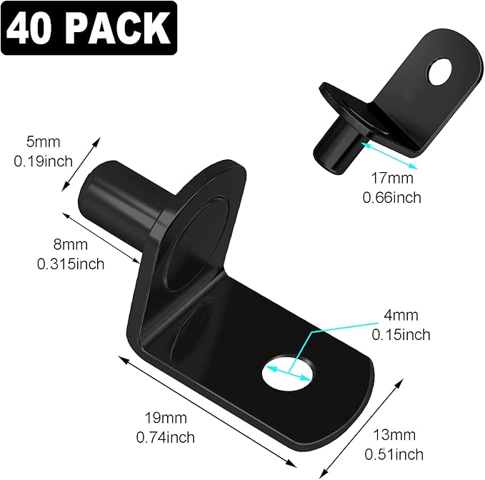Shelf Support Pegs, 40 Pcs L-Shaped Black Steel Cabinet Shelf Brackets with Hole, 5mm Diameter, for Bookcase, Kitchen, Closet Shelves