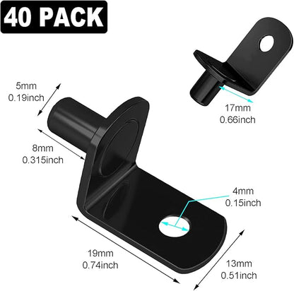 Shelf Support Pegs, 40 Pcs L-Shaped Black Steel Cabinet Shelf Brackets with Hole, 5mm Diameter, for Bookcase, Kitchen, Closet Shelves