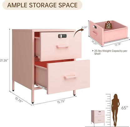 2 Drawer End Side Table with Lock Metal Nightstand, Lockable Storage Cabinet Kids Cabinet for Living Room, Bedroom, Dorm, 21.26”H X 15.75”W X 15.75”D (2 Drawer, Pink)