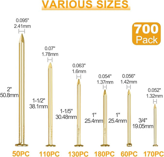 KURUI Gold Picture Hanging Nails Assortment Kit, 700 Pcs Wall Hanging Set for Frame, Art , Photo, 6 Sizes Brass Small Framing Nails for Home Improvement and Wall Decor