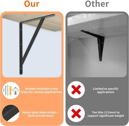 Heavy Duty Shelf Brackets 12 x 8 inch, 6 Pack Wall Shelf Brackets with 90 Degree Triangle, Black Metal L Brackets, Shelves L Brackets(300x190mm)