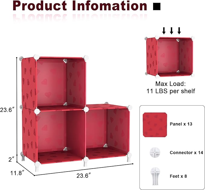 UNKU Cube Storage Organizer, 3 Cube Closet Organizer Storage Shelves, DIY Stackable Bookcase, Clothes Organizer Shelf for Closet, Bedroom, Living Room, Cabinet, Home, Office, Red