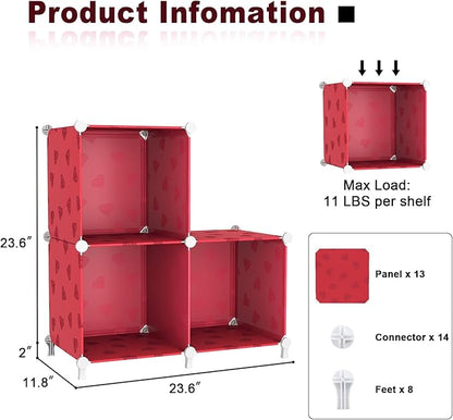UNKU Cube Storage Organizer, 3 Cube Closet Organizer Storage Shelves, DIY Stackable Bookcase, Clothes Organizer Shelf for Closet, Bedroom, Living Room, Cabinet, Home, Office, Red