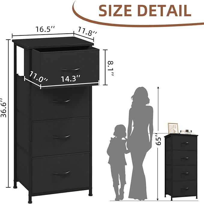 Somdot Dresser for Bedroom with 4 Drawers, Storage Organizer Chest of Drawers with Removable Fabric Bins for Closet Bedside Living Room Laundry Entryway Hallway, Black