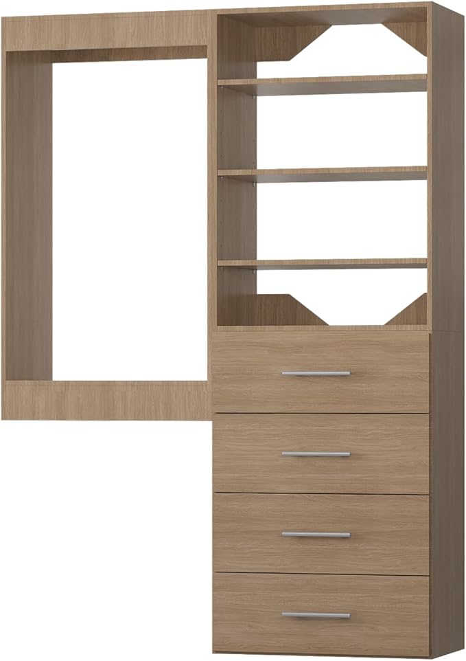 Modular Closet, 64" Wide Organizer with Tower & Drawers, Wood Tower Storage for Walk-In Closets, Wall Mounted Wardrobe Organizer