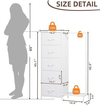 Somdot Dresser with Hanging Rack, 5 Drawers Small Closet for Bedroom, Reversible Dresser with Clothes Rack, Kids Dressers for Bedroom Chest of Drawers, Tall Storage Tower, White Leather