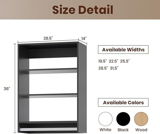 ROOMTEC 28.5" Medium Hanging Closet Unit, Modular Closet System with Hanging Rod, Wardrobe Organizer for Bedroom or Walk-in Closet, Wall Mounted, Customizable Clothes Storage Unit, Black