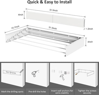 Laundry Drying Rack, Collapsible Wall Mounted Clothes Drying Rack - Drying Rack Clothing Foldable,Space Saving, 31" Wide, 13.2 Linear Ft, 5 Aluminum Rods, 60 lb Capacity (White, 31")