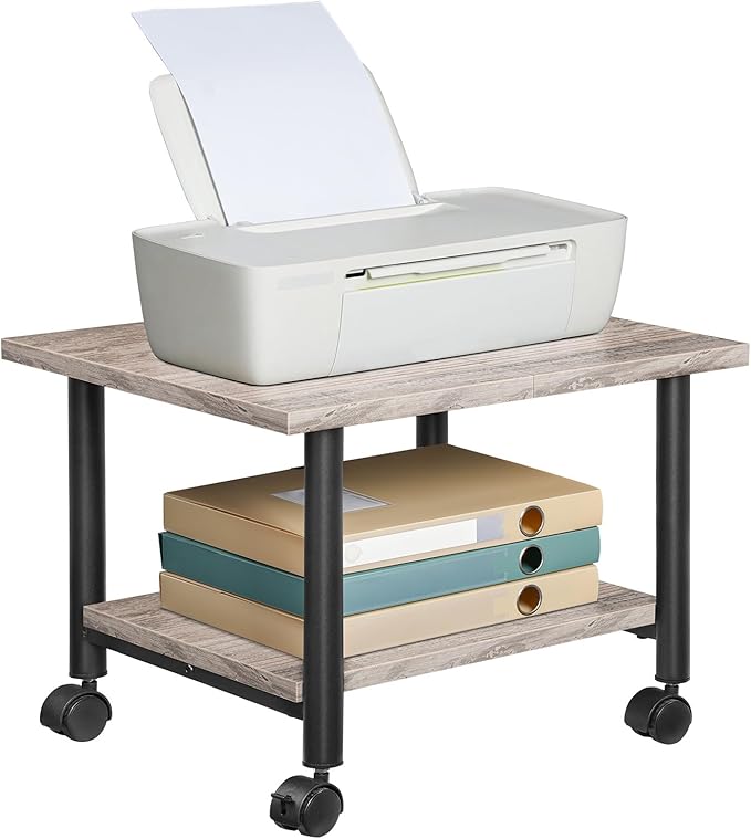 HOOBRO Printer Stand, 2-Tier Industrial Under Desk Printer Cart with Shelf, Mobile Heavy Duty Storage Rack on Wheels for Home, Office, Grey and Black BG02PS01G1
