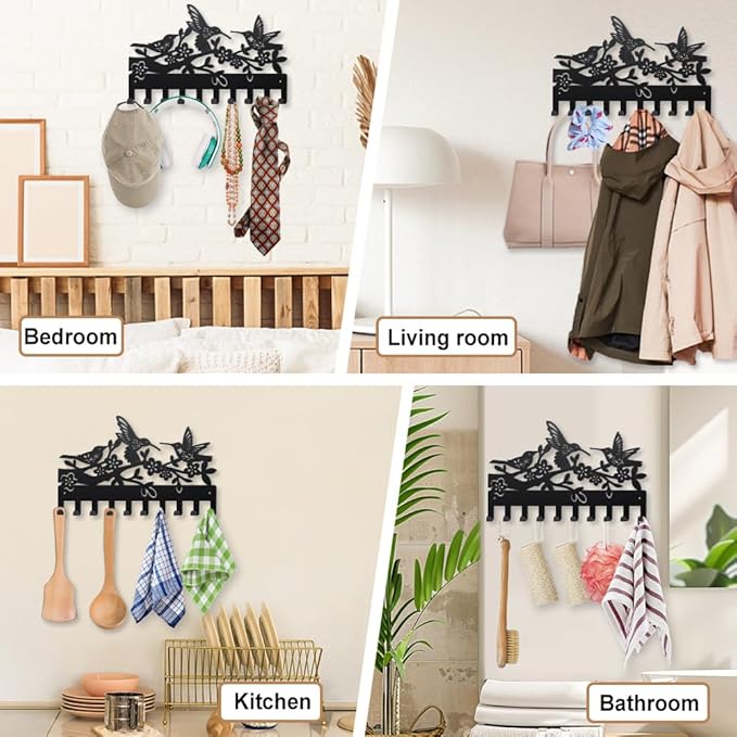 MAYJOYDIY Metal Hummingbird Flower Coat Rack Wall Mount Bird Tree Branch Coat Hooks 15.7×9.8inch 10 Hooks Nature Animal Key Holder for Wall Art Decor Gift Black Key Hooks for Coats Hats Towels Bags