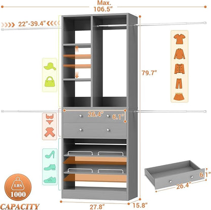 Closet System, 4.2–8.8 FT Closet Organizer with 2 Wooden Drawers and Shelves, Walk-in Closet System with 5 Hang Rods, Built-in Closet Tower, Can Fit 60 to 96 inch, Morandi Grey