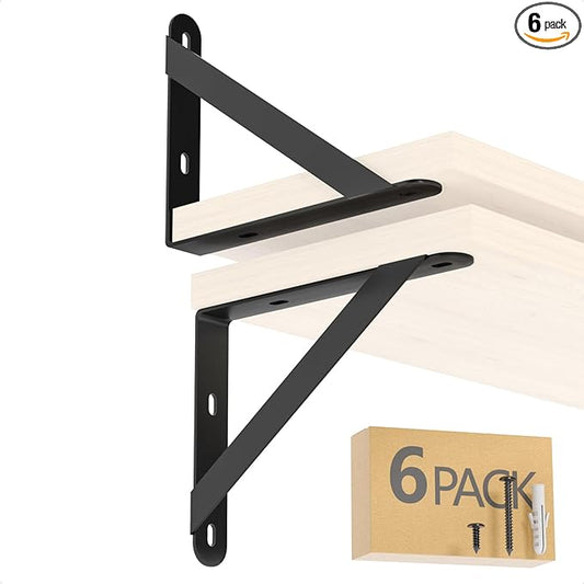6x4.5 Shelf Brackets 6-Pack, Shelf Support Shelf Holder Steel Wall Mount Heavy Duty Small L Shape Triangle 90 Degree Metal Black with Screws Anchors Soporte de Estante