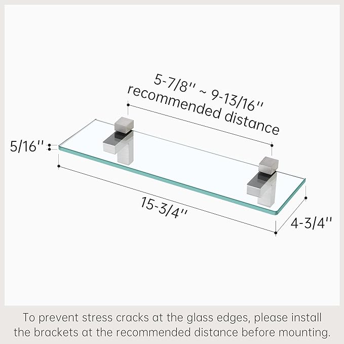 KES Glass Shelf for Bathroom, Floating Tempered Glass Bathroom Wall Shelf Rectangle 16 Inch Brushed Nickel Bracket, 2 Pack, BGS3201S40-2-P2
