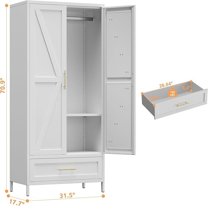 Aobabo Metal Wardrobe Cabinet with 1 Drawer, 71" H Metal Armoire Wardrobe Closet with 1 Adjustable Shelf and Hanging Rod for Home, Laundry Room, Office, Installation Required, White