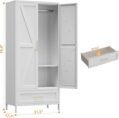 Aobabo Metal Wardrobe Cabinet with 1 Drawer, 71" H Metal Armoire Wardrobe Closet with 1 Adjustable Shelf and Hanging Rod for Home, Laundry Room, Office, Installation Required, White