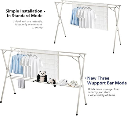 95 inches foldable clothes drying rack, heavy duty stainless steel laundry drying rack for indoor outdoor , clothes rack adjustable length. 3 additional reinforcement bars with 20 windproof hooks