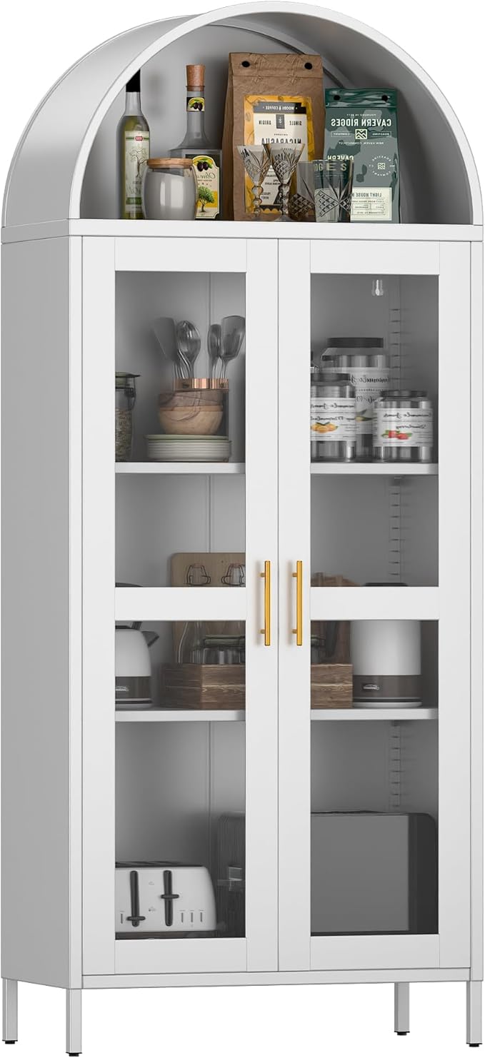 72.83" H Metal Arch Display Bookcase Cabinet, with Glass Doors and 2 Adjustable Shelves, Kitchen Pantry Cabinet for Home, Office,Assembly Required, White