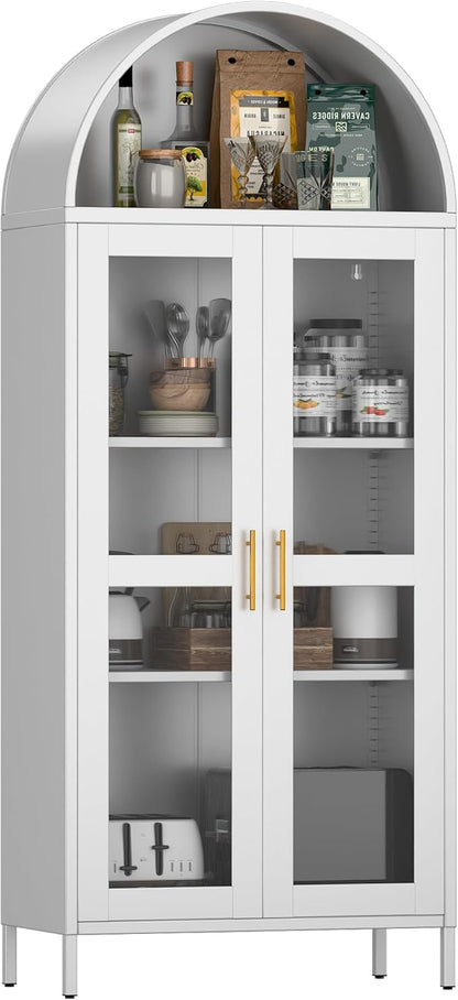 72.83" H Metal Arch Display Bookcase Cabinet, with Glass Doors and 2 Adjustable Shelves, Kitchen Pantry Cabinet for Home, Office,Assembly Required, White