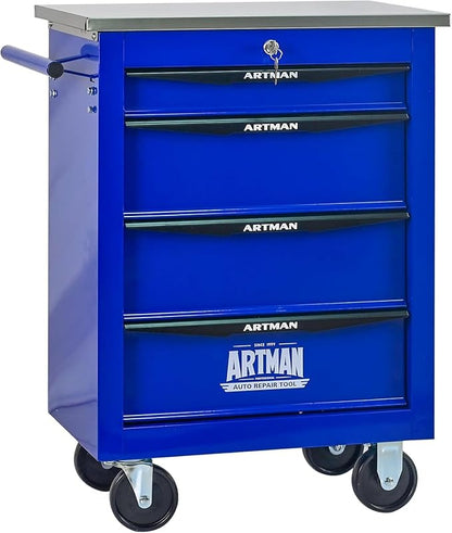 4-Drawer Rolling Tool Chest with Stainless Steel Countertop,Tool Chest with Secure Locking System,Mobile Storage Tool Cabinet with 360°Wheels and Padded Feet,for Home,Garage (Blue)