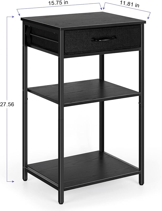 3 Tier Printer Stand Under Desk Small Printer Table with Storage Drawers Wood Printer Shelf Rack for Desk Black Side Table Nightstand for Home Office Organization