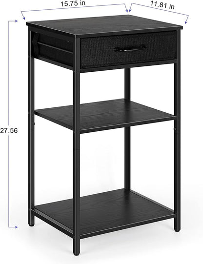 3 Tier Printer Stand Under Desk Small Printer Table with Storage Drawers Wood Printer Shelf Rack for Desk Black Side Table Nightstand for Home Office Organization