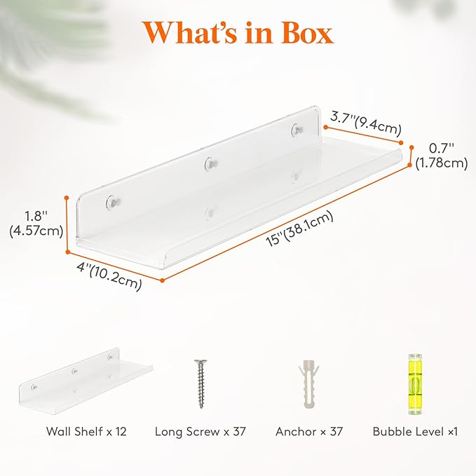 Lifewit Floating Shelves for Bathroom, 14" Clear Wall Organizer for Makeup, Perfume, Figures, Photo, Decor Shelf for Nursery, Living Room, Bedroom, Kitchen, Over Toilet Storage Rack, Clear, 12 Pack