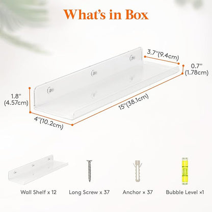 Lifewit Floating Shelves for Bathroom, 14" Clear Wall Organizer for Makeup, Perfume, Figures, Photo, Decor Shelf for Nursery, Living Room, Bedroom, Kitchen, Over Toilet Storage Rack, Clear, 12 Pack