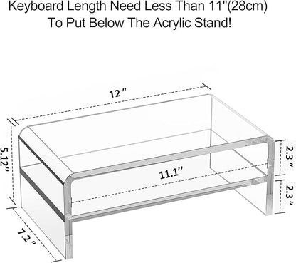 Acrylic Monitor Stand Riser, 2 Tier Clear Computer Monitor Stand for Home Office Business, PC Desk Stand Monitor Riser for Keyboard Storage, Laptop, Printer and TV Screen -12x7.2x5.12 inches