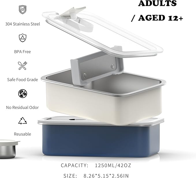Stainless Steel Bento Lunch Box for Adult, 42oz Leak-Proof Lunch Box Containers, Microwave-Safe, with Adjustable Divider, Convenient Metal Lunchbox for Work, Travel