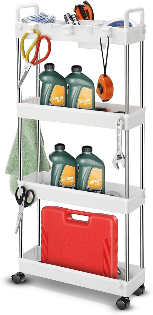 Auto Dynasty 4 Tier Slim Rolling Cart with Handle, Multifunction Utility Storage Rolling Cart, Movable Storage Organizer with Wheels for Office, Bathroom, Kitchen, Narrow Places (White)