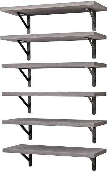 YGEOMER 16.5 Inch Floating Shelves for Wall, Farmhouse Wall Shelves for Bedroom, Bathroom Storage, Living Room and Kitchen Decor (Set of 6 Grey)