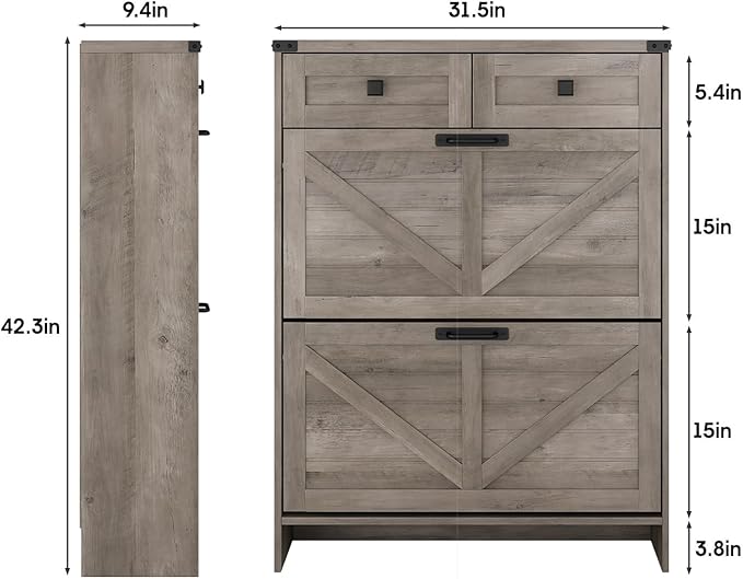 Shoe Cabinet with 2 Flip Drawers & 2 Drawers,Farmhouse Shoe Storage Cabinet for Entryway,Slim Freestanding Narrow Organizer Rack for Front Door Entrance,Grey