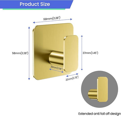 Gold Hooks for Hanging Heavy Duty, Adhesive Hooks for Shower, Bathroom, Kitchen, Robe, Towel, Coat, Waterproof & Rustproof Hook for Walls No Damage, Stainless Steel Sticky Hook - 6 Pack