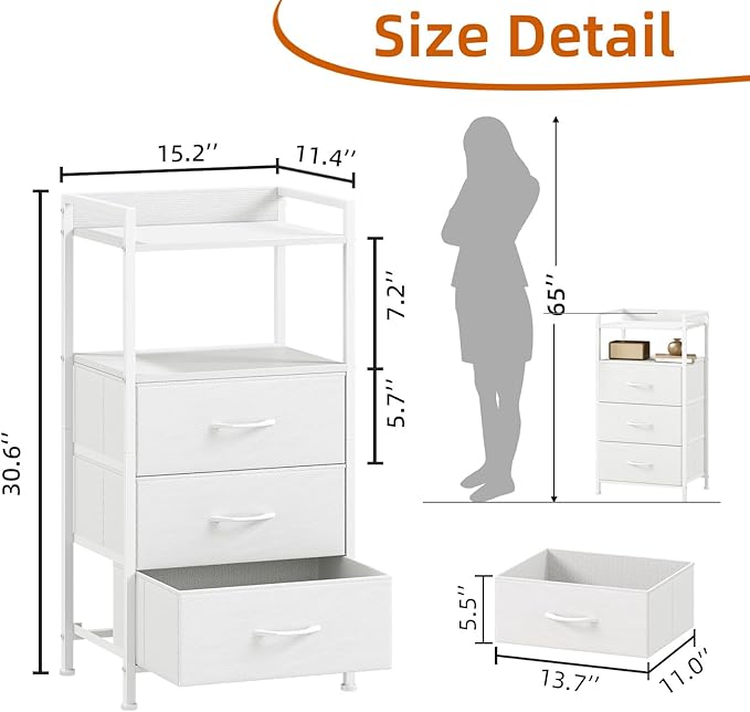 Somdot Nightstand with 3 Drawers, Dresser with Fabric Bins for Bedroom, Hallway, Entryway, Nightstand Bedside Table Furniture, Sturdy Steel Frame, Wooden Top, Easy Pull Fabric Bins, White Leather
