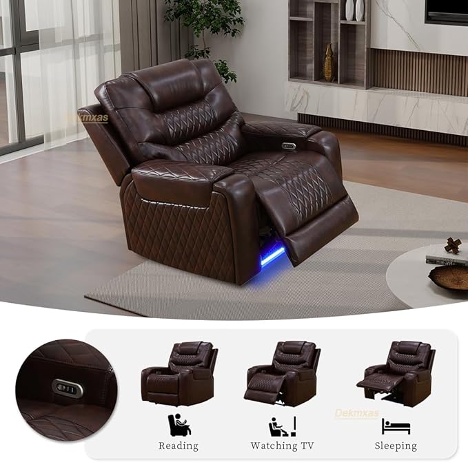 Living Room Sofa Set, Brown Breathing Leather Power Recliner Sofa Couches, Living Room Furniture Sets Power Recliner Chair with Cup Holder/LED Light/USB Port for Apartment, Office, Rv Car