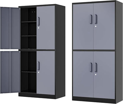 71” Metal Storage Cabinet-Lockable File Garage Tool Cabinets with Doors and Shelves- Gray&Black Steel Cabinet for Garage-Heavy Duty File Storage for Home, Office, Gym, Kitchen, School