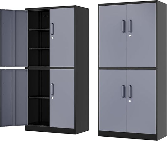 71” Metal Storage Cabinet-Lockable File Garage Tool Cabinets with Doors and Shelves- Gray&Black Steel Cabinet for Garage-Heavy Duty File Storage for Home, Office, Gym, Kitchen, School