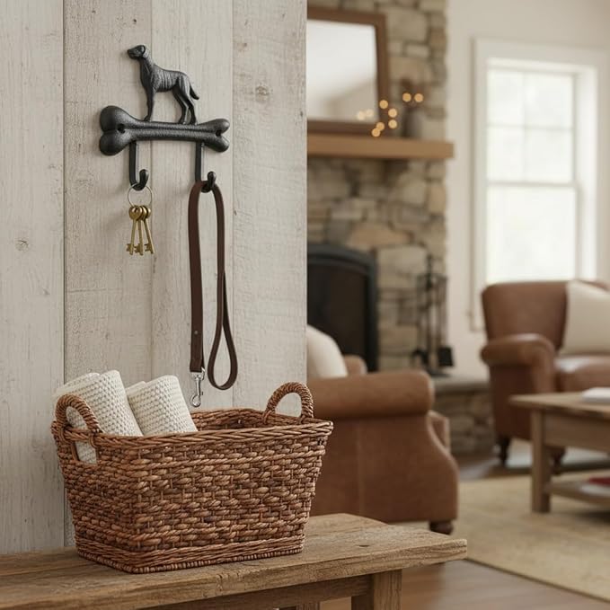 Comfy Hour 7" Heavy Duty Cast Iron Dog Wall Hook, Decorative Dog on Bone Double Key Holder for Wall, Rustic Animal Coat Hanger for Entryway, Mudroom & Nursery, Dog Lovers Gift, Antique Black