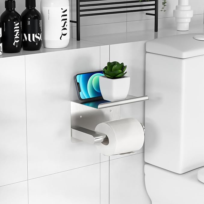 Brushed Nickel Toilet Paper Holder Wall Mount, Fits Mega Rolls Size Sliver Toilet Paper Holder with Shelf, Rustproof Stainless Steel Toilet Paper Roll Holder, Toilet Tissue Holder for Bathroom