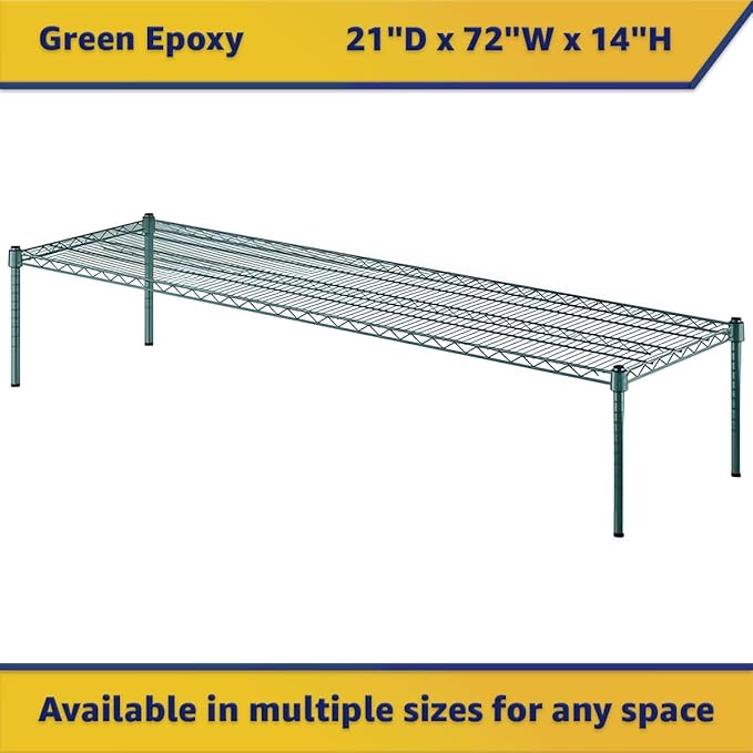 21" x 72" x 14" Green Epoxy Wire Storage Shelf, Dunnage Rack, Commercial 1 Tier Small Shelf
