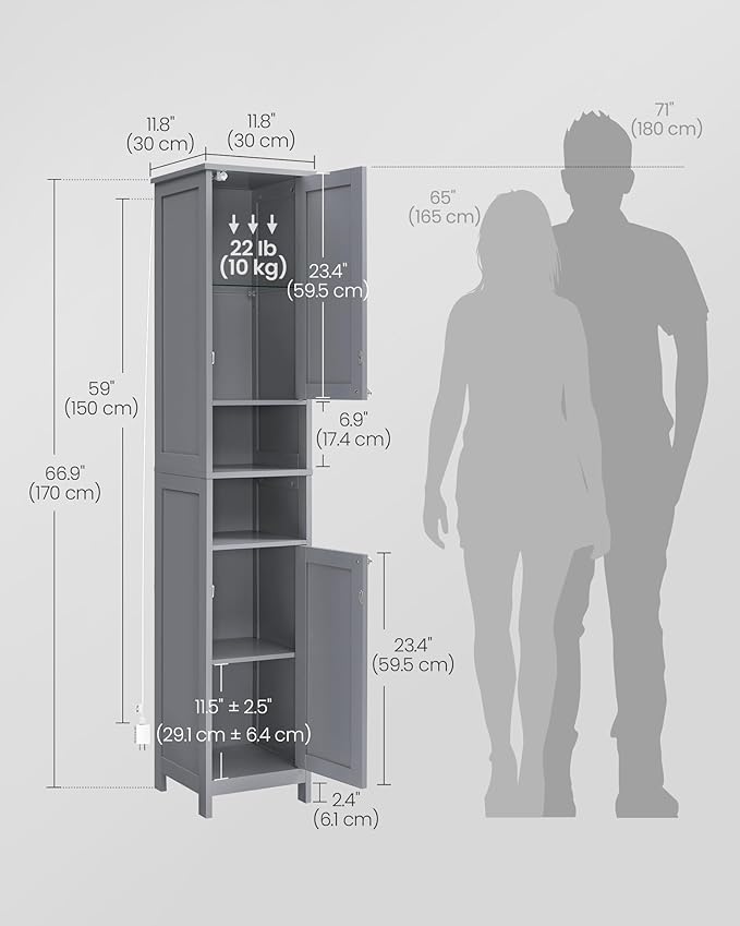VASAGLE Tall Storage Cabinet with Lights, Slim Freestanding Cabinet with Adjustable Shelves, for Small Spaces, Bathroom, Living Room, Modern, 11.8 Inches Wide, Dove Gray UBBC566G02