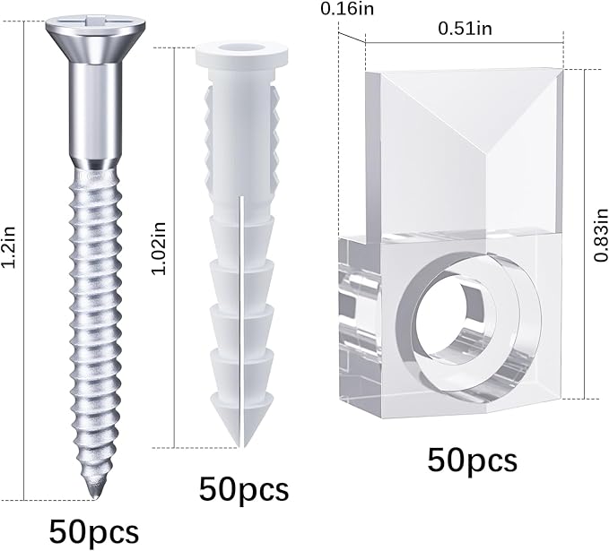 Mirror Holder Clips Kit,Crystal Clear Plastic Mirror Clip,Mirror Holder Clips Glass Retainer Clips Kit,Mirror Hanging kit with Screws and Fixed Mirror Box Door (Classic Style-50Sets)