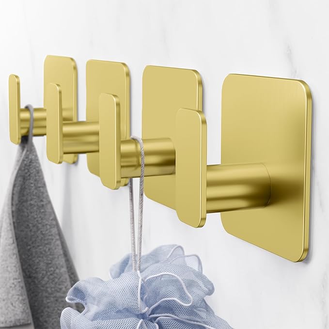 Gold Hooks for Hanging Heavy Duty, Adhesive Hooks for Shower, Bathroom, Kitchen, Robe, Towel, Coat, Waterproof & Rustproof Hook for Walls No Damage, Stainless Steel Sticky Hook - 6 Pack