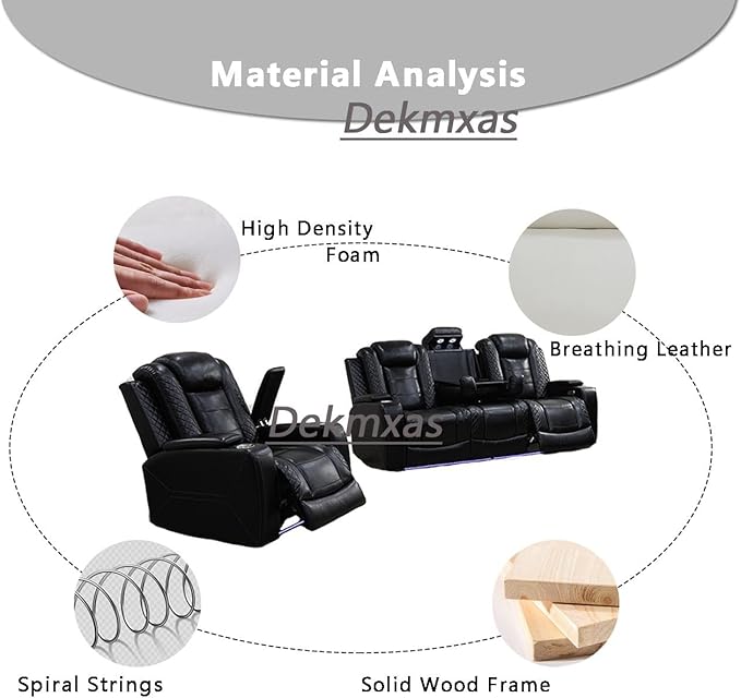 Recliner Power Sofa Set, Living Room Furniture Sets, Black Breathing Leather Reclining Sofa and Chair with Drop-down Table/Cup Holder/LED Light/USB Port Living Room Sofa Set for RV Car, Office