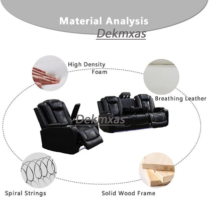 Recliner Power Sofa Set, Living Room Furniture Sets, Black Breathing Leather Reclining Sofa and Chair with Drop-down Table/Cup Holder/LED Light/USB Port Living Room Sofa Set for RV Car, Office