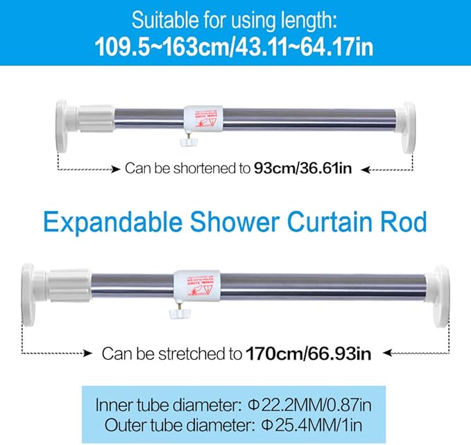 BAOYOUNI Adjustable Shower Window Curtain Tension Rod Oval Head Decorative Straight Closet Wardrobe Rail Pole Bar Clothes Hanger for Bathroom Kitchen Balcony, Ivory, 43.11-64.17 Inches