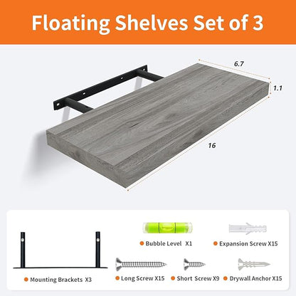 Floating Shelves for Wall Set of 3, 16" Gray Wall Shelves for Home Decor, Frame Display Floating Shelf for Living Room, Bedroom, Bathroom, Kitchen